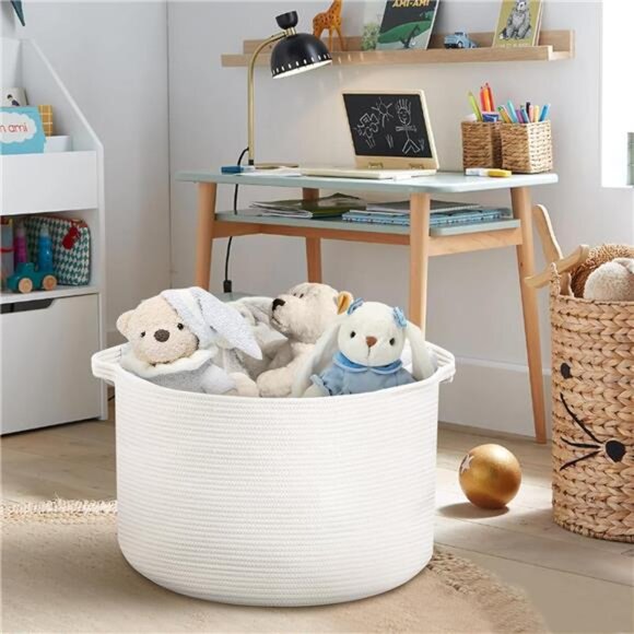 White Rope Storage Baskets,22" X 22" X14" Extra Large Blanket Basket Living Room - Picture 4 of 7